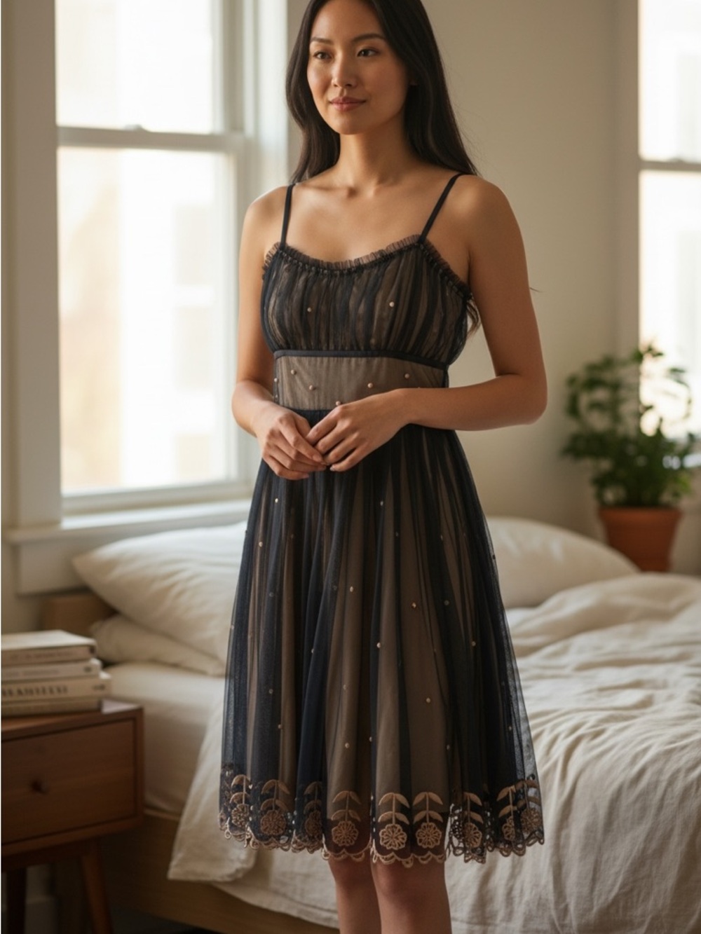 Odille Anthropologie Winter Prelude Midnight Blue Embroidered Midi Dress Peach 4